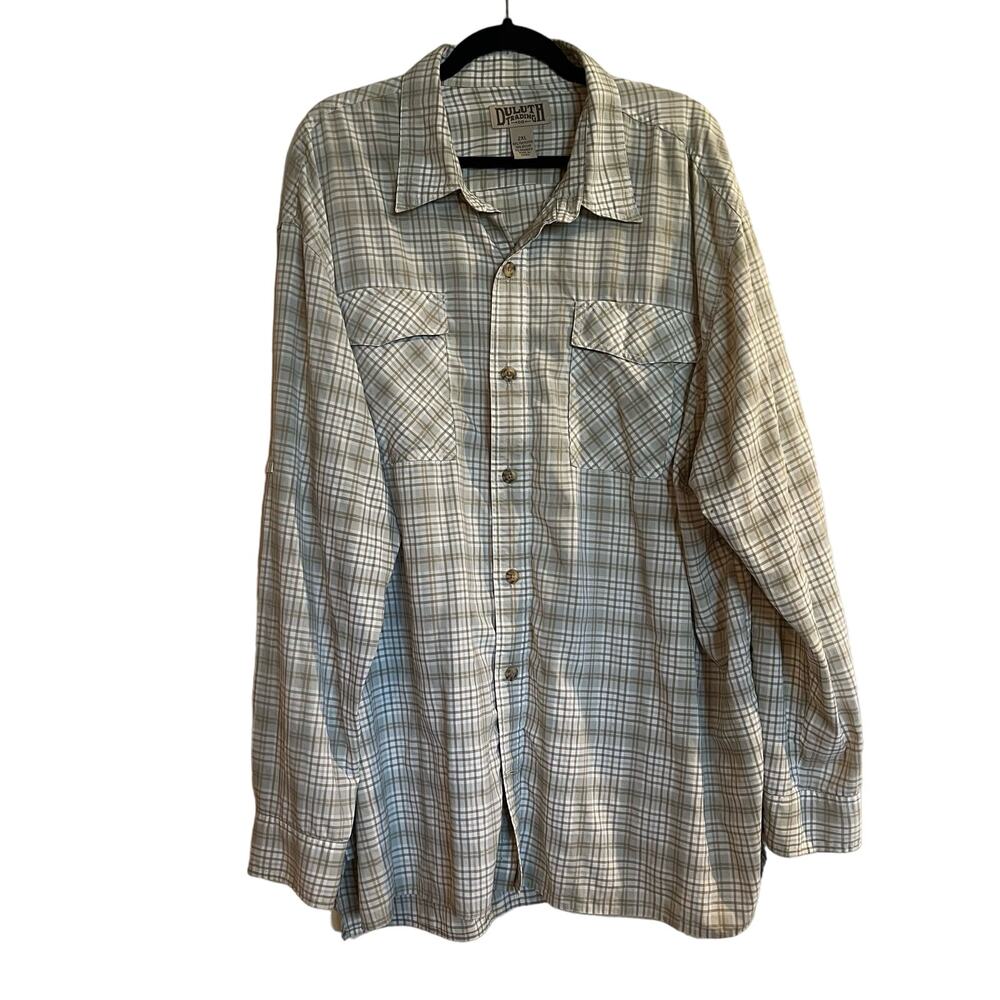 Mens Duluth Trading Co Shirt Long Sleeve Button Down Plaid‎ Light Green Tan 2XL